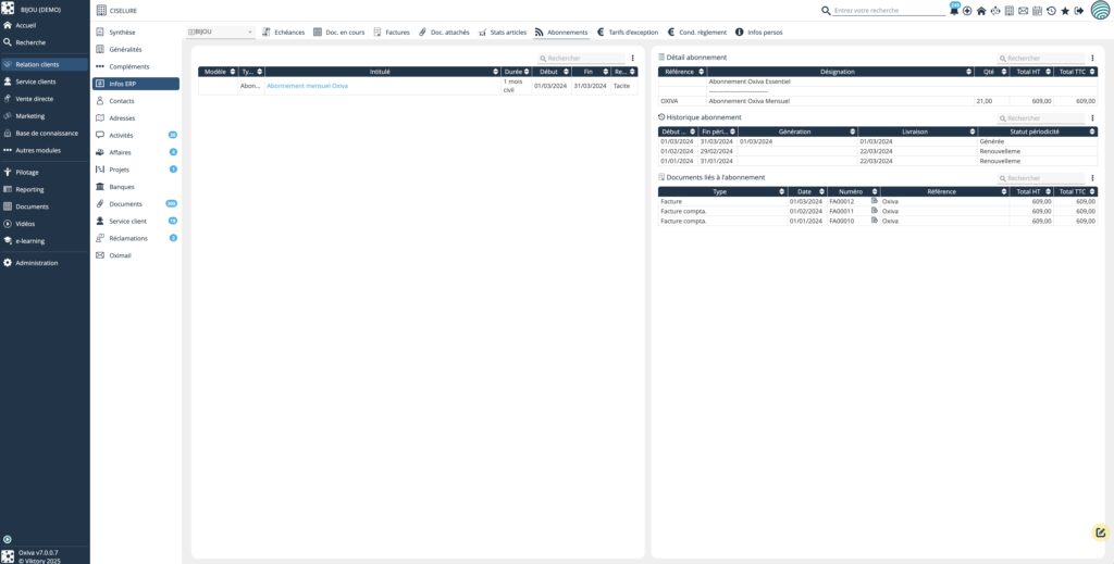 Vos abonnements visibles en détail dans Oxiva. Grâce à son connecteur, Oxiva est le CRM pour SAGE.