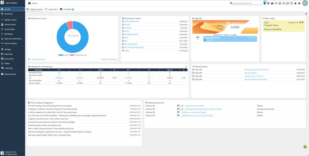 Screenshot - Oxiva Oxiva, CRM frarnçais est adapté à tous types d'activité.
Choisir Oxiva, c'est faire le choix d'un CRM connecté à SAGE 100, ultra synchronisé et doté de fonctionnalités IA.